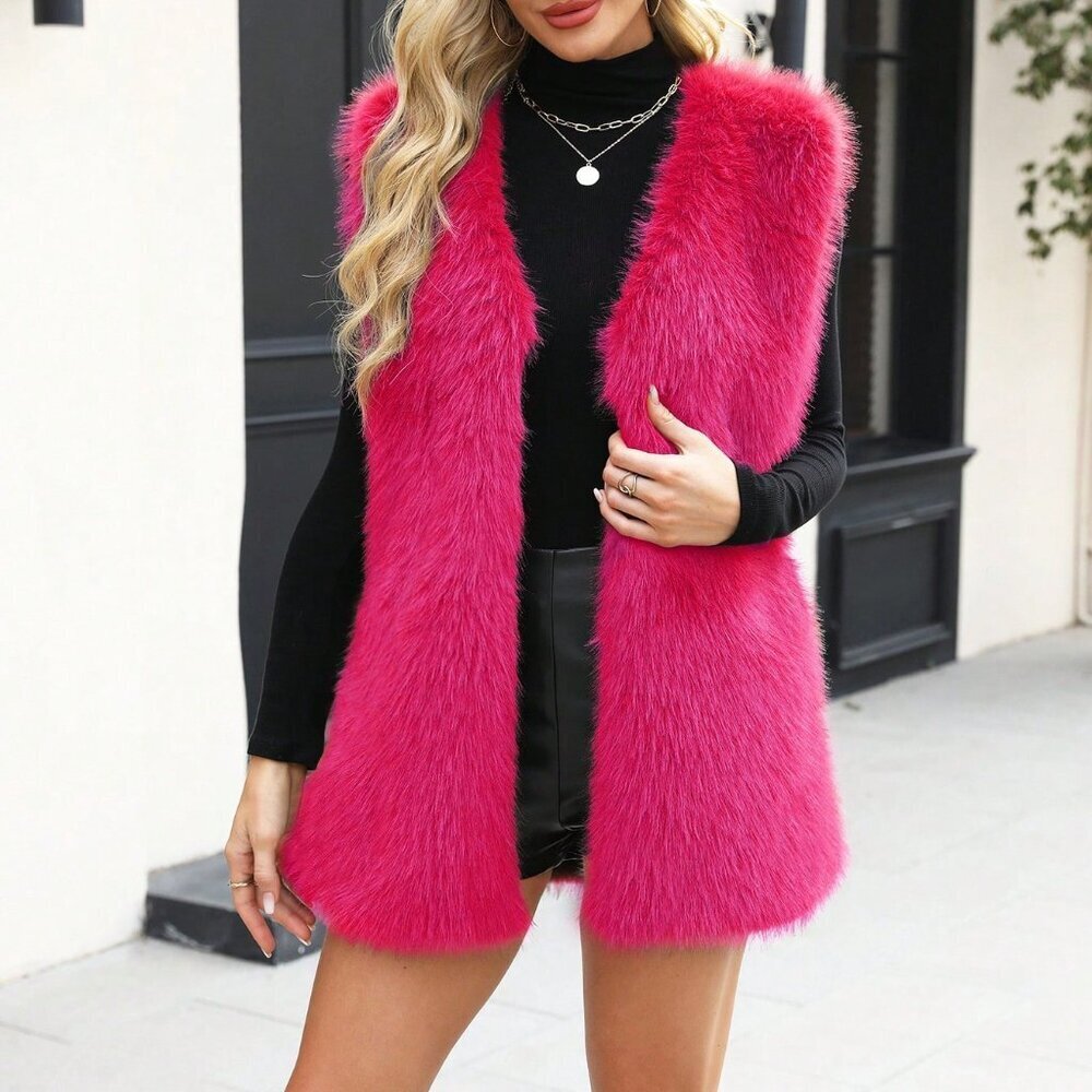 Hot Pink Casual Women's Sleeveless Faux Fur Coat with Contrast Trim Reg Length